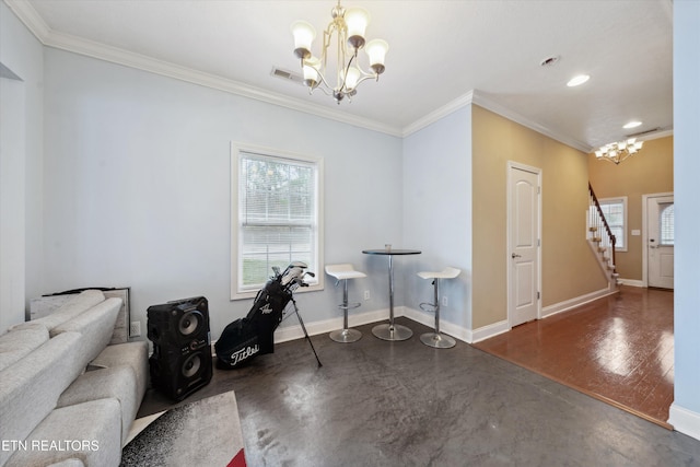 interior space featuring baseboards, crown molding, concrete floors, and an inviting chandelier