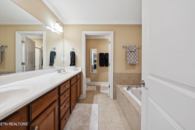 bathroom featuring a garden tub, toilet, ornamental molding, a sink, and tile patterned flooring