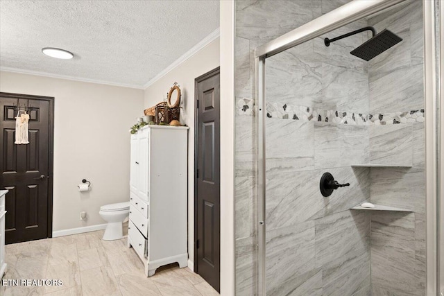 full bath with marble finish floor, toilet, ornamental molding, a shower stall, and a textured ceiling