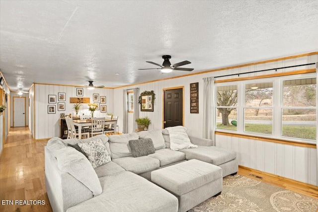 living area featuring a textured ceiling, light wood finished floors, and visible vents