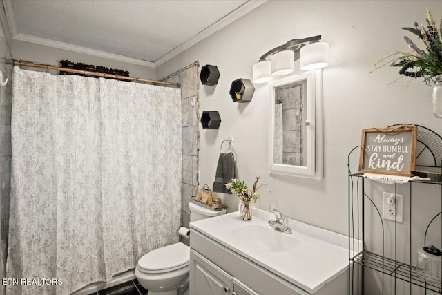 bathroom featuring toilet, a shower with curtain, crown molding, and vanity