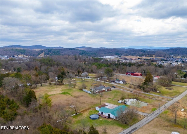 birds eye view of property featuring a mountain view and a rural view