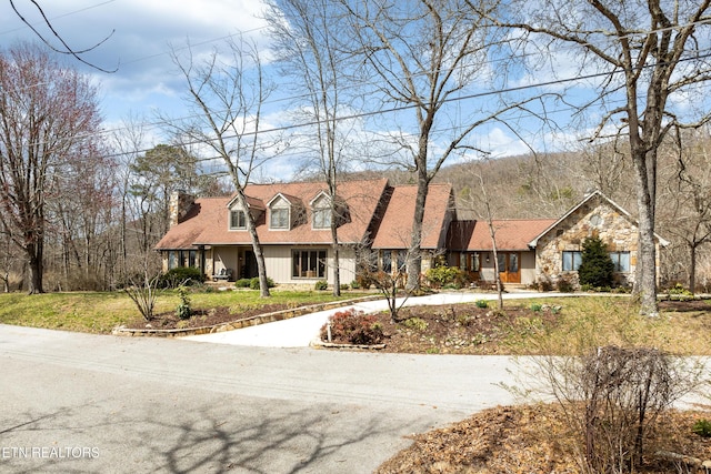 view of front of home with stone siding, a chimney, and driveway