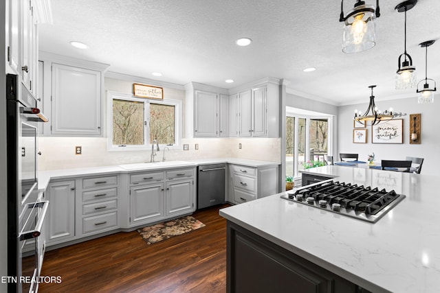 kitchen with crown molding, plenty of natural light, dark wood-type flooring, and stainless steel appliances