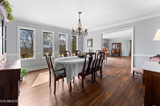 dining room featuring baseboards, dark wood finished floors, ornamental molding, a notable chandelier, and a textured ceiling