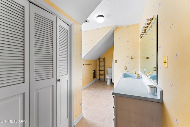 bathroom featuring toilet, a textured ceiling, a closet, vanity, and vaulted ceiling