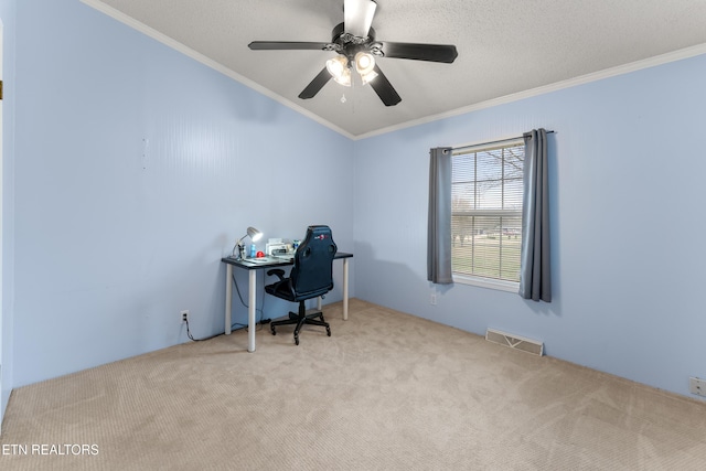 carpeted office space with visible vents, a textured ceiling, a ceiling fan, and ornamental molding
