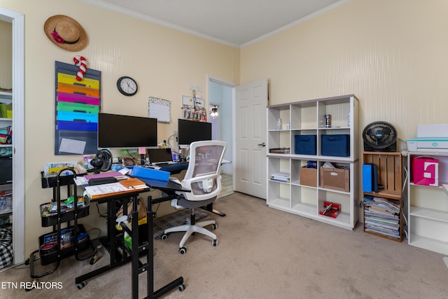 home office with carpet flooring and ornamental molding