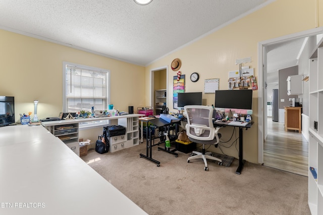 carpeted home office with ornamental molding and a textured ceiling