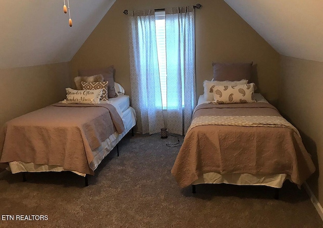 bedroom featuring multiple windows, lofted ceiling, and carpet