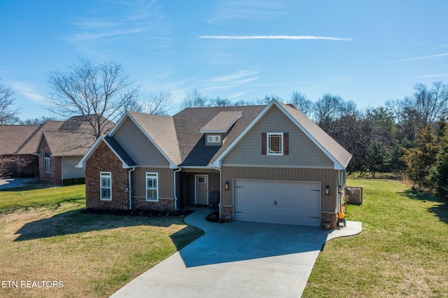 craftsman-style home with a garage, concrete driveway, stone siding, a front lawn, and board and batten siding