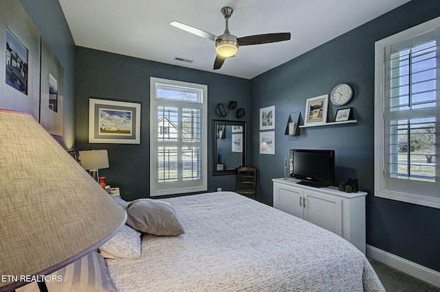 bedroom featuring a ceiling fan, visible vents, and baseboards