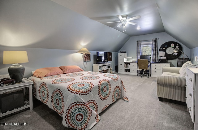 carpeted bedroom with lofted ceiling and ceiling fan