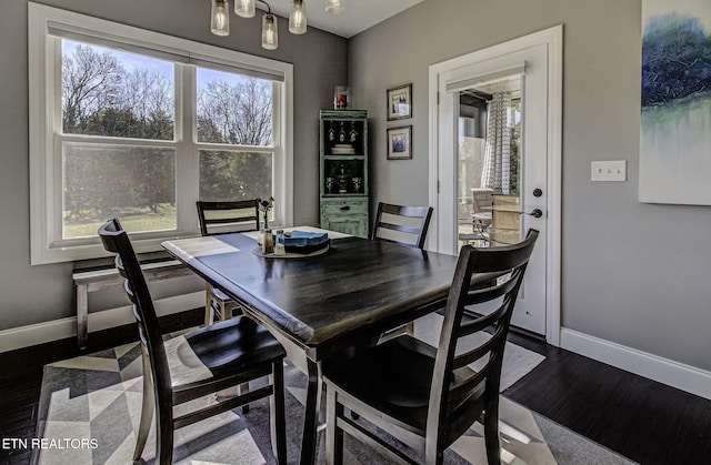 dining area with baseboards and dark wood-type flooring