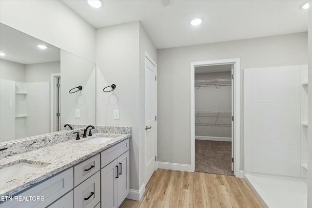 bathroom featuring double vanity, a spacious closet, a sink, and wood finished floors