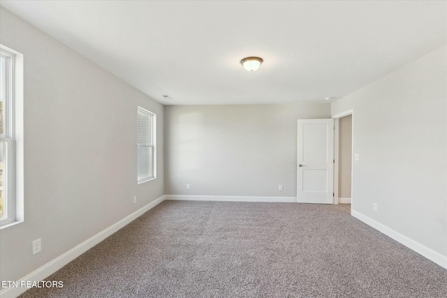 spare room featuring plenty of natural light, baseboards, and carpet flooring