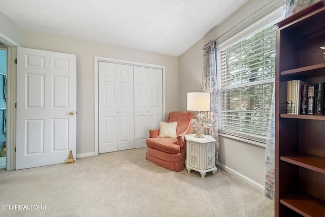 sitting room featuring a textured ceiling, carpet flooring, and baseboards