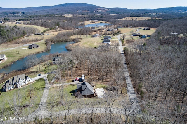 birds eye view of property with a water and mountain view