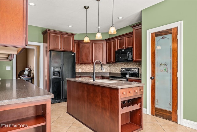 kitchen featuring open shelves, tasteful backsplash, light tile patterned flooring, a sink, and black appliances