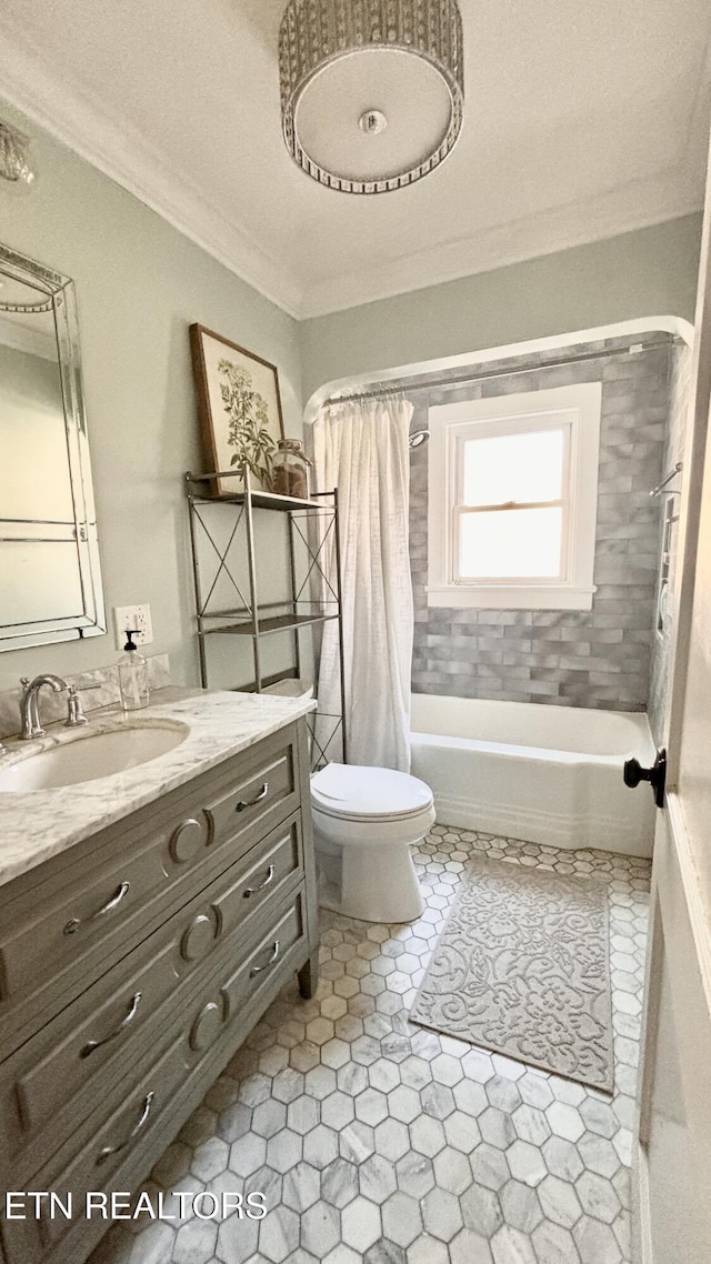 full bath with tile patterned floors, toilet, shower / bath combo, crown molding, and vanity