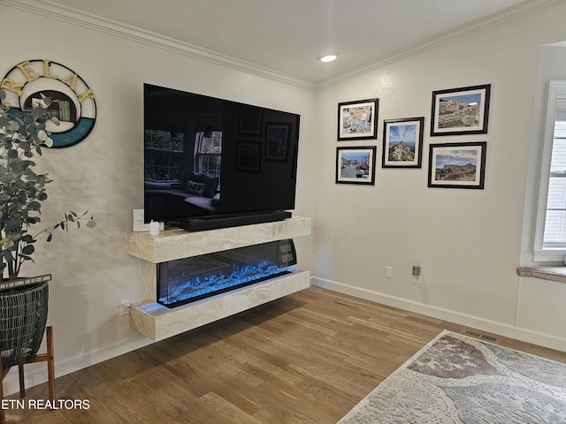 living area with a high end fireplace, crown molding, baseboards, and wood finished floors