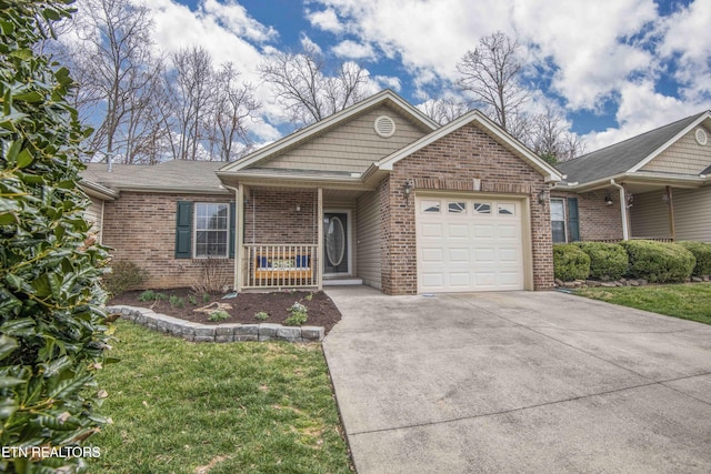 ranch-style home featuring a front yard, an attached garage, covered porch, concrete driveway, and brick siding