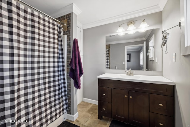 bathroom featuring baseboards, a shower with shower curtain, vanity, and crown molding