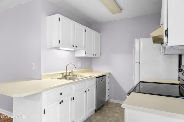 kitchen with freestanding refrigerator, a sink, white cabinets, under cabinet range hood, and dishwasher