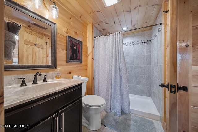 full bath featuring toilet, wooden ceiling, wooden walls, and a stall shower