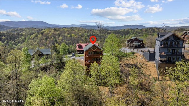 bird's eye view featuring a forest view and a mountain view