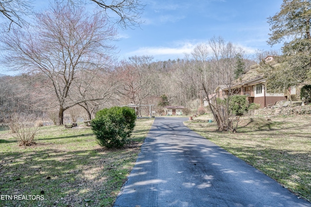 view of street with aphalt driveway and a forest view