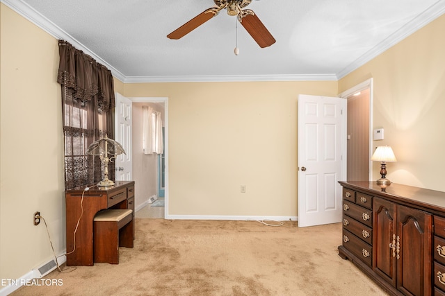 interior space with baseboards, light carpet, a ceiling fan, and crown molding