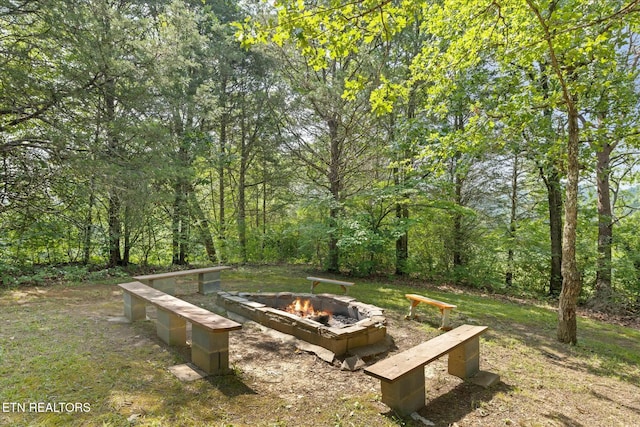 view of yard featuring an outdoor fire pit and a wooded view