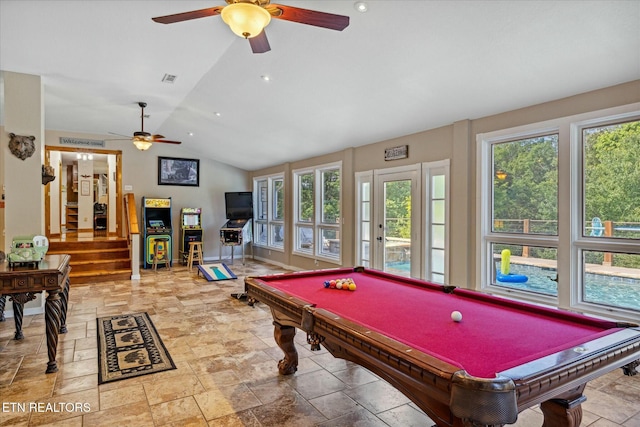 playroom with lofted ceiling, recessed lighting, stone finish flooring, billiards, and baseboards