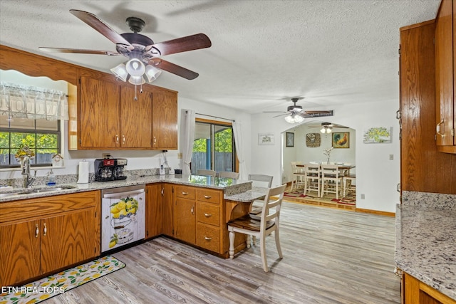 kitchen with stainless steel dishwasher, brown cabinetry, a sink, and a wealth of natural light