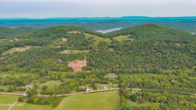 drone / aerial view featuring a forest view and a water and mountain view