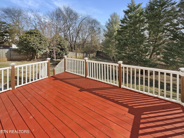 wooden deck with a fenced backyard