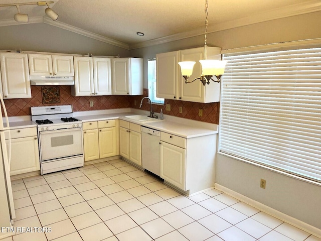 2442 Chastity Way, Knoxville, TN 37909 - kitchen with white appliances, a sink, under cabinet range hood, a chandelier, and lofted ceiling
