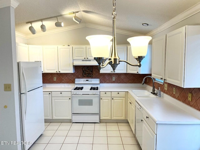 2442 Chastity Way, Knoxville, TN 37909 - kitchen with white appliances, under cabinet range hood, a sink, light countertops, and ornamental molding
