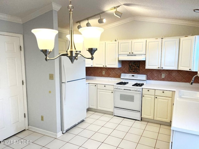 2442 Chastity Way, Knoxville, TN 37909 - kitchen with white appliances, under cabinet range hood, a sink, light countertops, and lofted ceiling