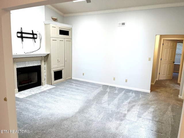 2442 Chastity Way, Knoxville, TN 37909 - unfurnished living room featuring carpet, crown molding, baseboards, and a tiled fireplace