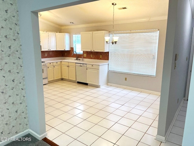 2442 Chastity Way, Knoxville, TN 37909 - kitchen featuring white appliances, a sink, crown molding, light countertops, and backsplash