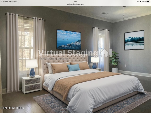 bedroom featuring wood finished floors, baseboards, multiple windows, and ornamental molding