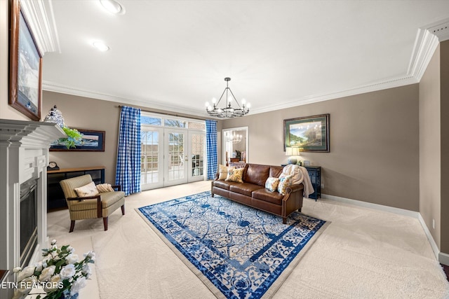 living room with baseboards, french doors, light colored carpet, and crown molding