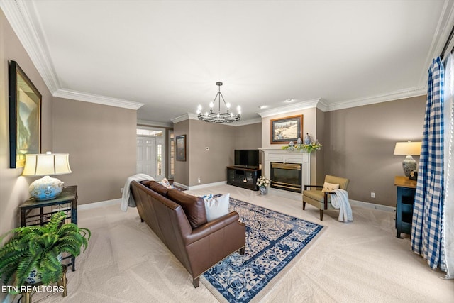 living room featuring baseboards, crown molding, carpet flooring, a chandelier, and a high end fireplace