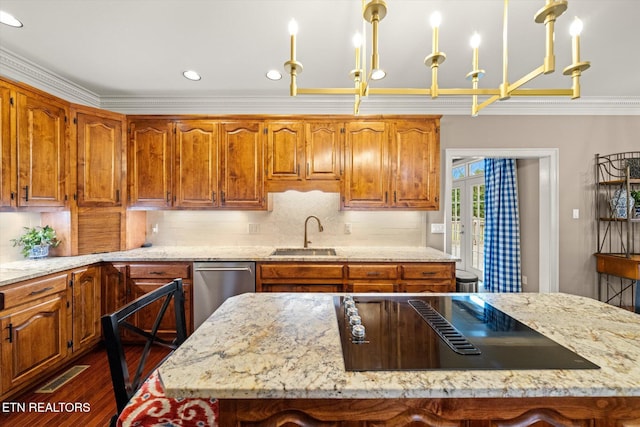 kitchen with black electric cooktop, dark wood-type flooring, a sink, decorative backsplash, and light stone countertops