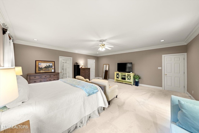 bedroom with ornamental molding, light carpet, ceiling fan, and baseboards