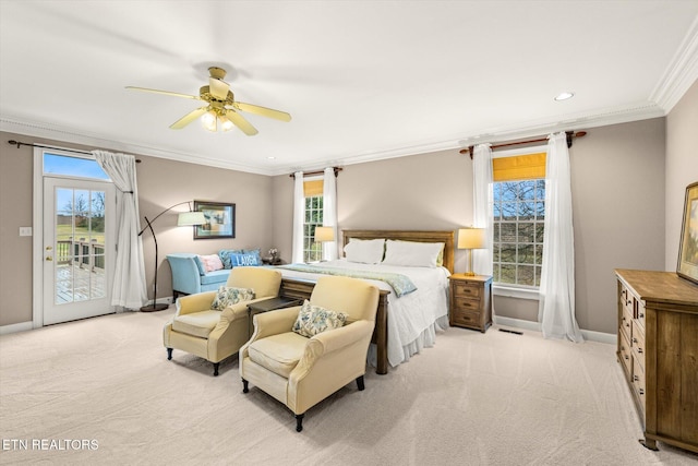 bedroom with access to exterior, crown molding, baseboards, and light colored carpet