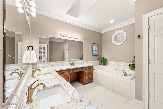 full bath featuring a garden tub, ornamental molding, tile patterned flooring, and a sink