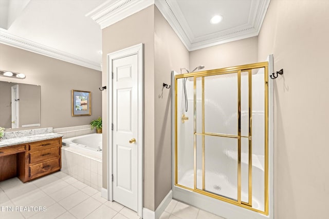 bathroom with a garden tub, tile patterned floors, a shower stall, and crown molding